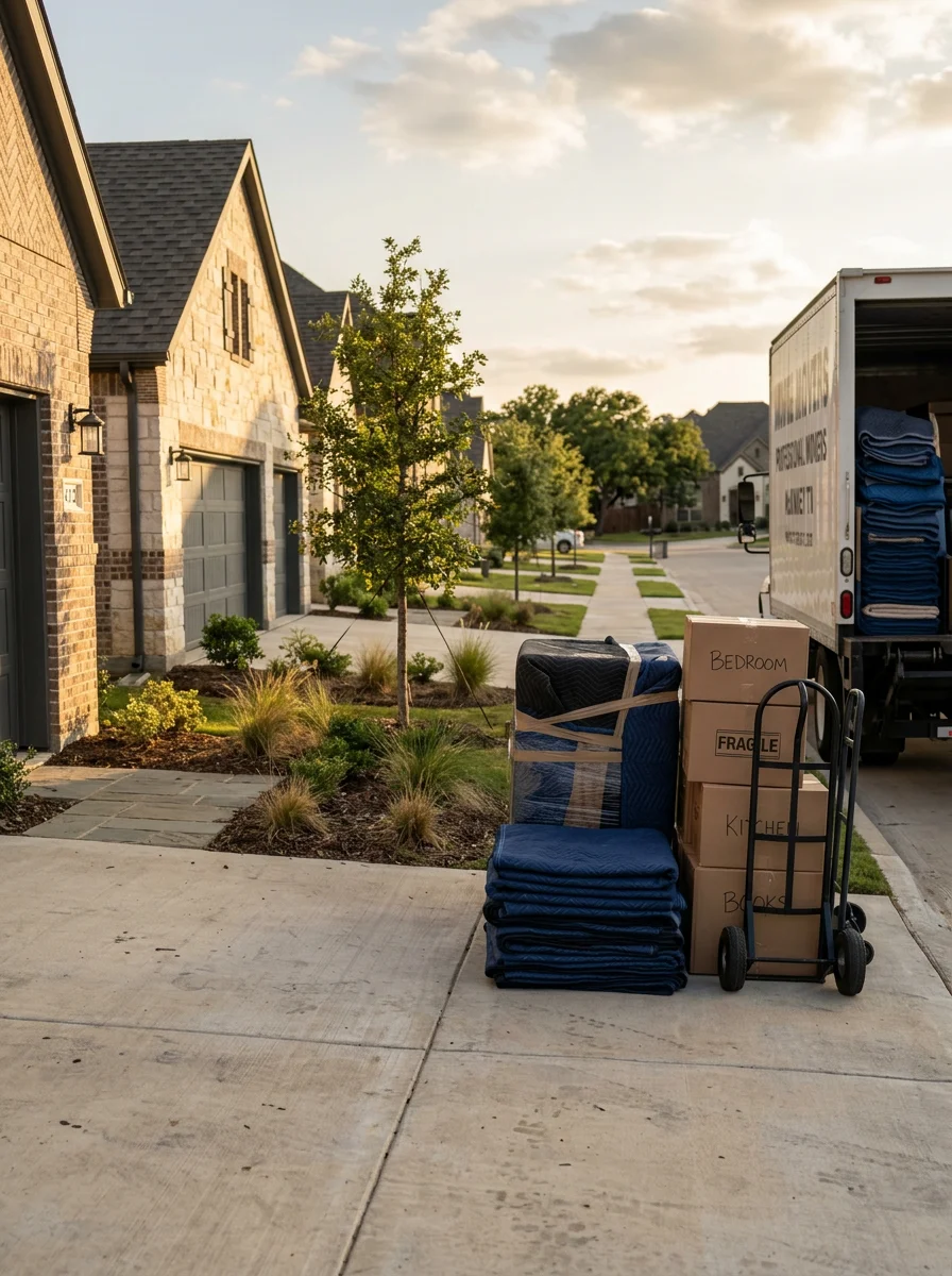 Movers unloading padded furniture from a truck in the driveway of a new construction home in a north McKinney master-planned community.