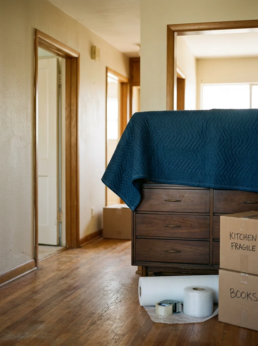 Movers placing padded moving blankets over a wooden dresser inside an older single-family home in the Smithfield area of North Richland Hills, TX.