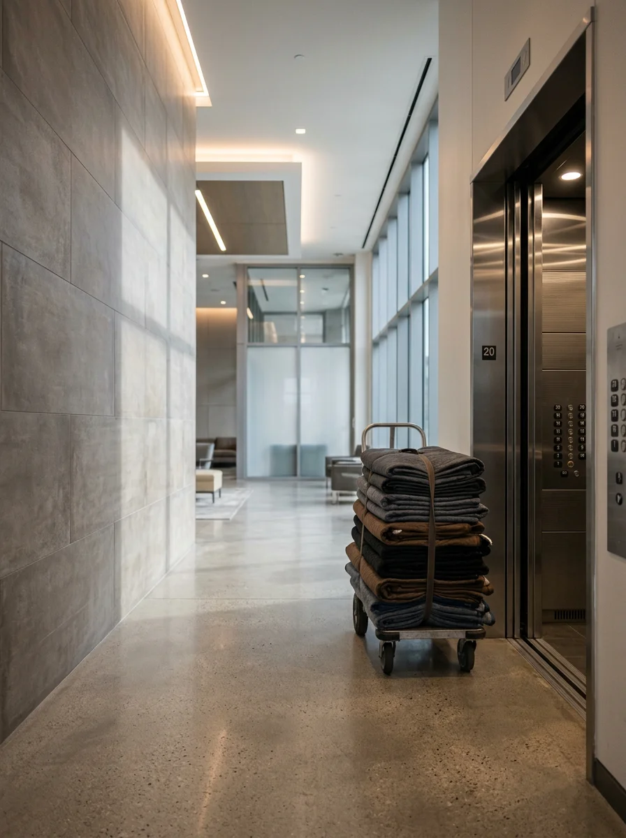 Padded furniture stacked in a moving truck elevator lobby inside a high-rise apartment building in the Legacy West area of Plano, TX.
