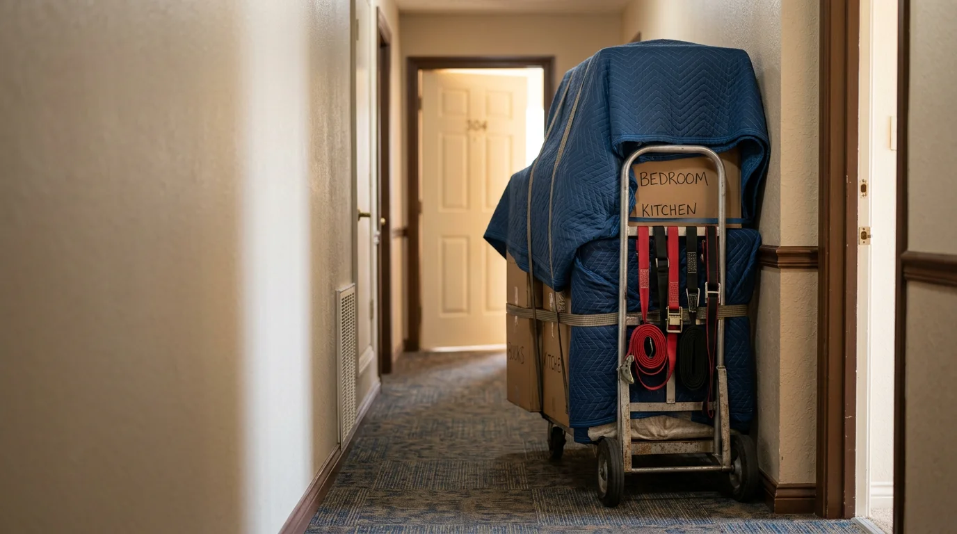A moving crew carefully carrying furniture through the hallway of an Irving, Texas apartment building. Boxes and wrapped items are stacked near the building entrance ready to be loaded.
