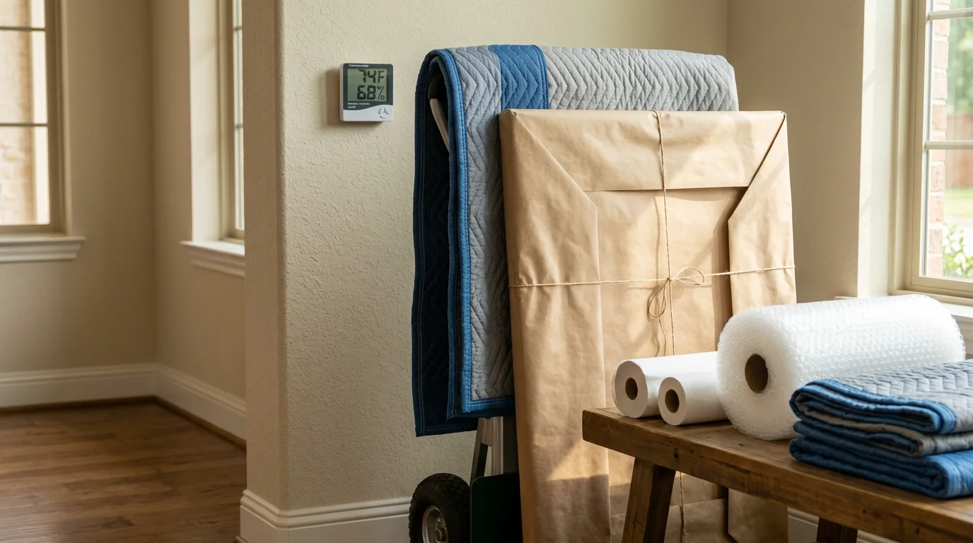 A specialty mover carefully wrapping a framed antique painting in protective padding inside an Irving, Texas home before transport. Moving blankets and padding materials are visible on the floor nearby.