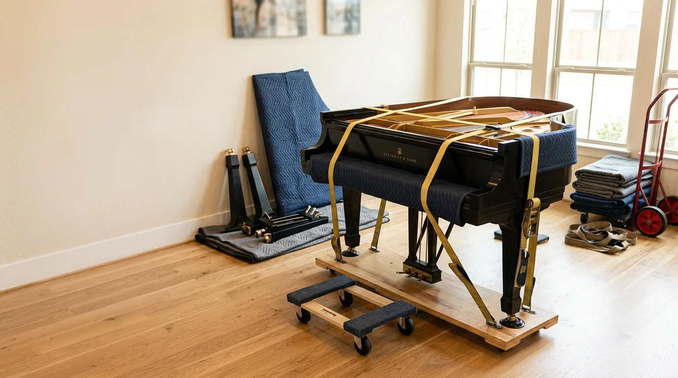 A baby grand piano secured to a piano board with moving pads wrapped around each component, positioned in the entryway of a home in Irving, Texas. Movers In Town LLC crew members prepare to load the instrument onto the moving truck.