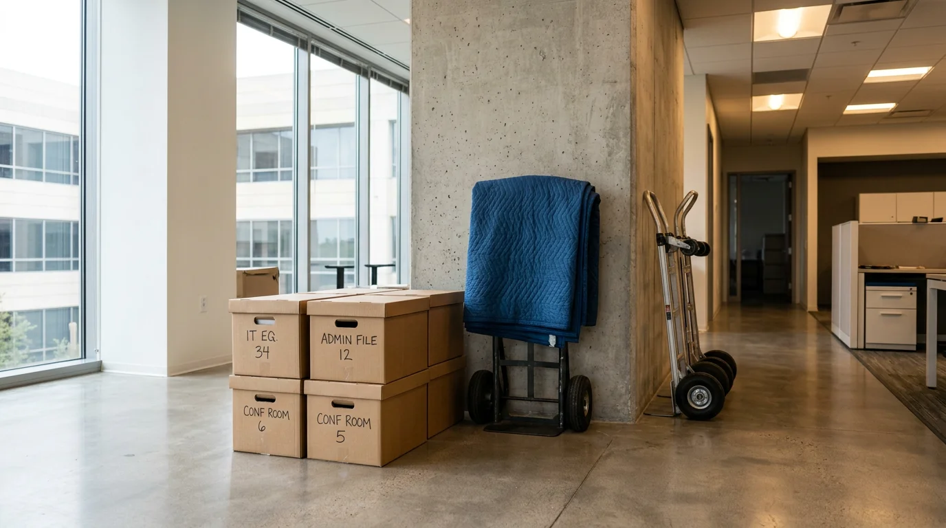 A moving crew carefully loading office furniture and boxed business equipment onto a moving truck outside a commercial office building in Irving, Texas. The Las Colinas area corporate park is visible in the background.