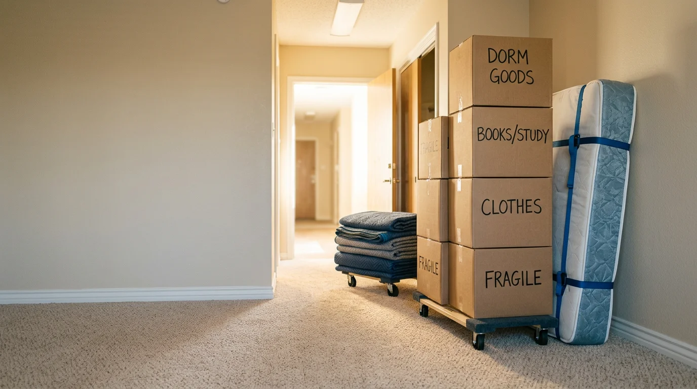 A moving crew loading neatly packed boxes and a bed frame into a moving truck outside an apartment complex in Irving, Texas. The scene shows a typical college student move with small furniture and labeled boxes stacked on a dolly.