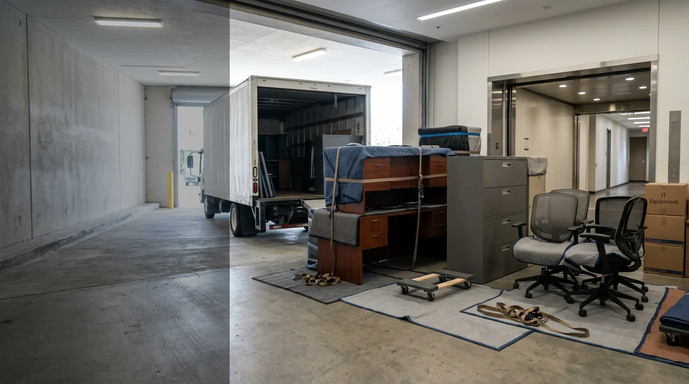 A commercial moving crew loading office furniture and equipment onto a moving truck outside a multi-story office building in Irving, Texas. Desks, chairs, and boxed office supplies are staged on the loading dock ready for transport.