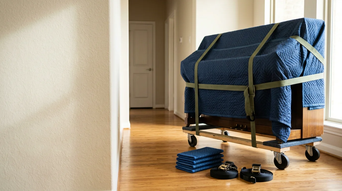 A console piano secured with moving pads and straps on a dolly inside a residential home in Irving, Texas. Movers In Town LLC crew members position the instrument through a doorway with floor protection in place.