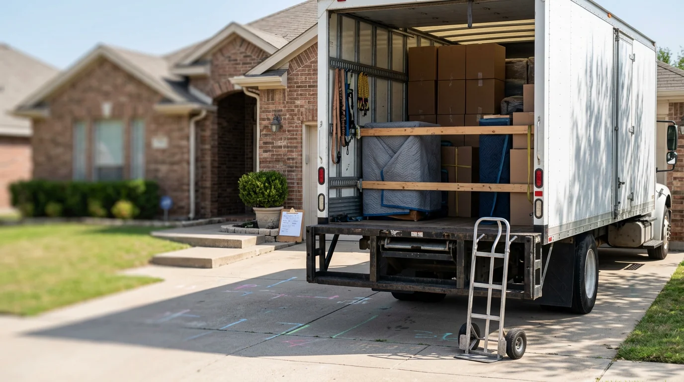 A moving crew loading household furniture and boxes onto a truck in a residential neighborhood in Irving, Texas, preparing for a cross country move. The truck is staged in front of a suburban home with a clear driveway for loading access.