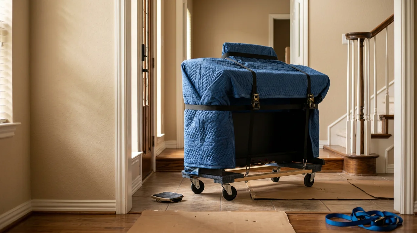 A digital piano secured with moving blankets on a dolly inside an Irving, Texas apartment building hallway. Two movers position the instrument carefully near an elevator entrance.