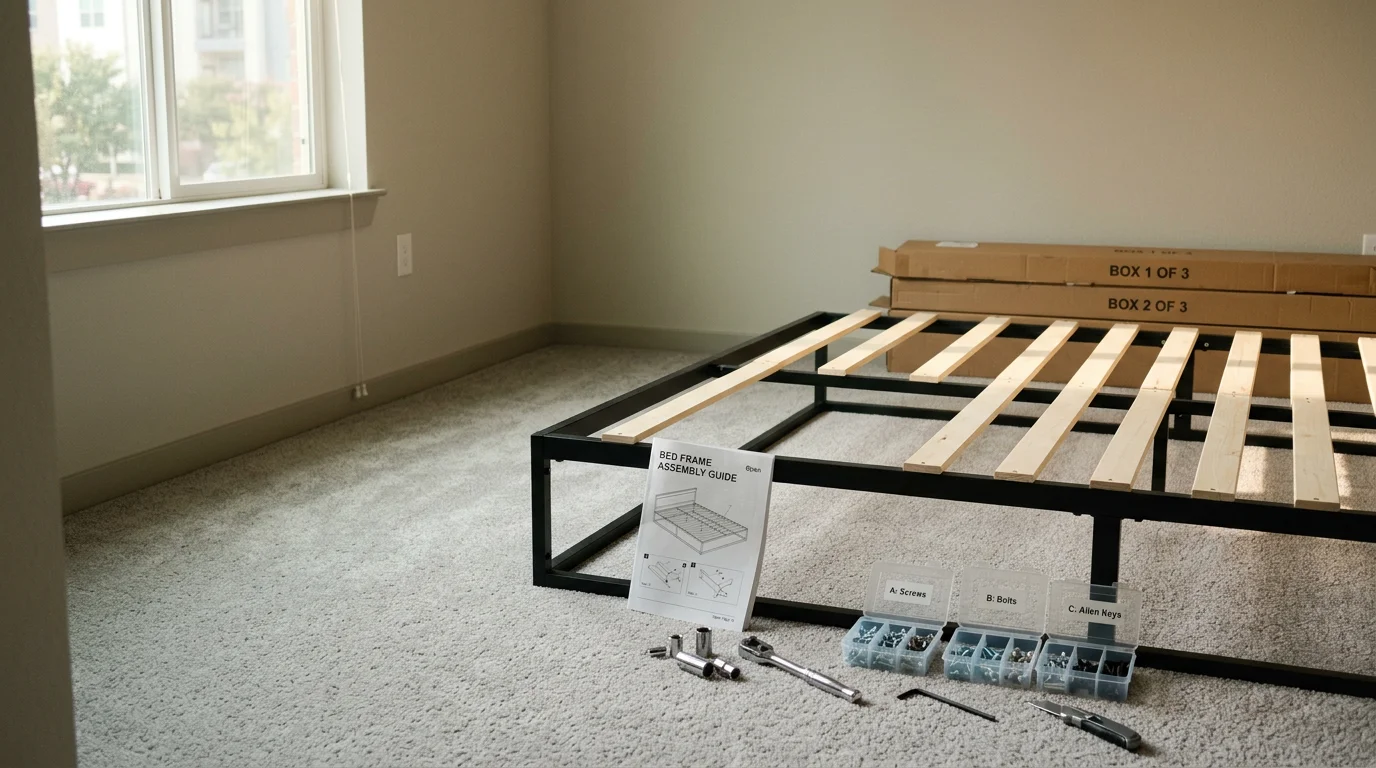 A neatly assembled wooden bed frame and dresser set up in a residential bedroom in Irving, Texas. A furniture assembly technician tightens the final hardware on the bed frame using a hand tool.