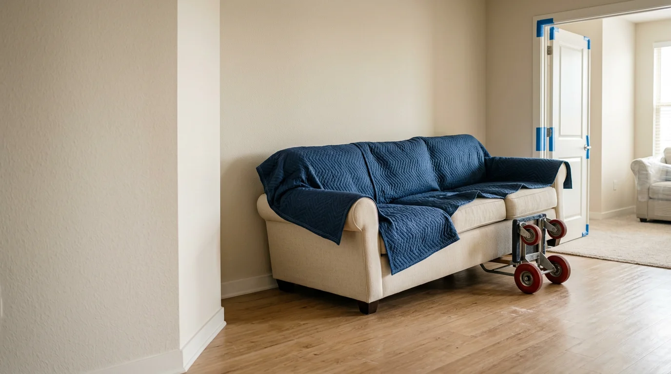 A two-person moving crew carefully carrying a large sofa through the front doorway of a residential home in Irving, Texas. The team uses protective padding to keep the furniture and door frame free of scuffs.