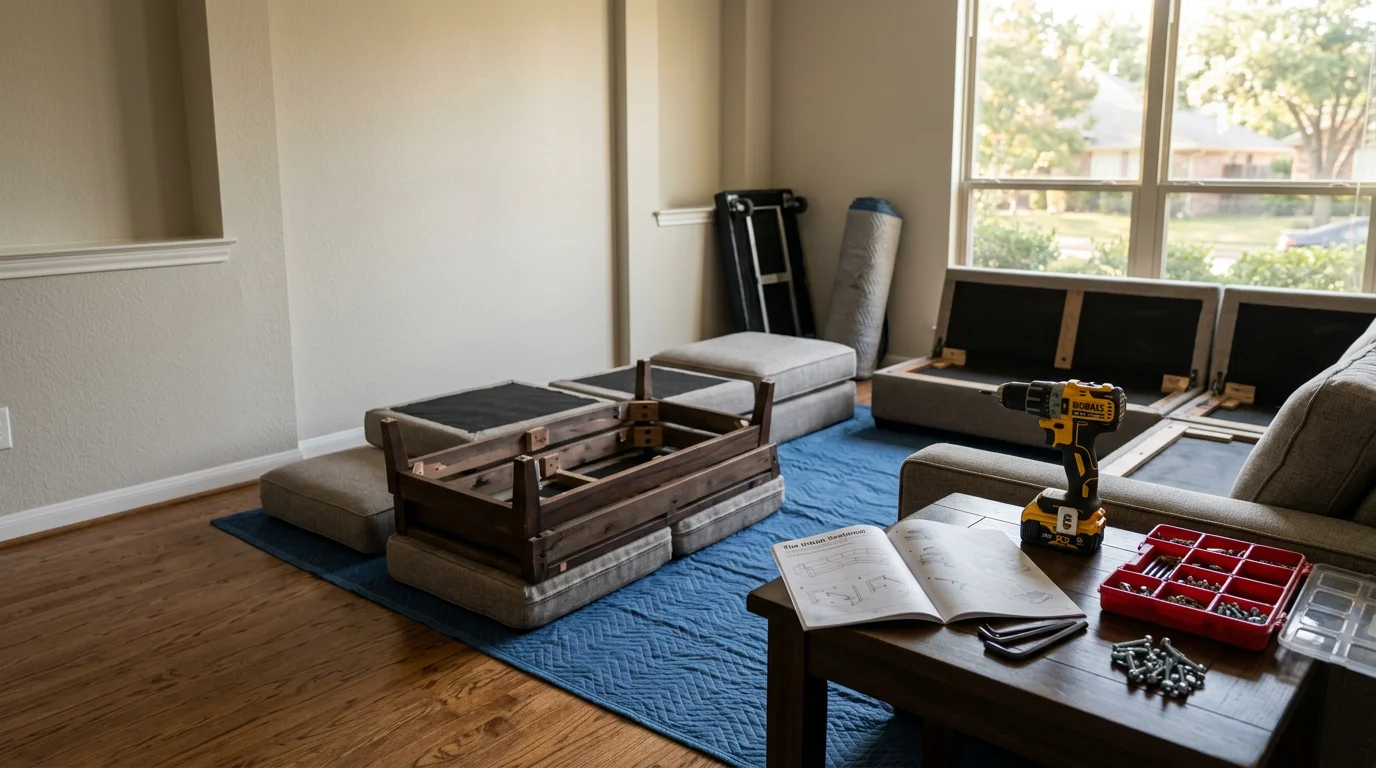 A moving crew carefully reassembling a bed frame inside a residential bedroom in Irving, Texas. Disassembled furniture panels and hardware are organized on the floor nearby.