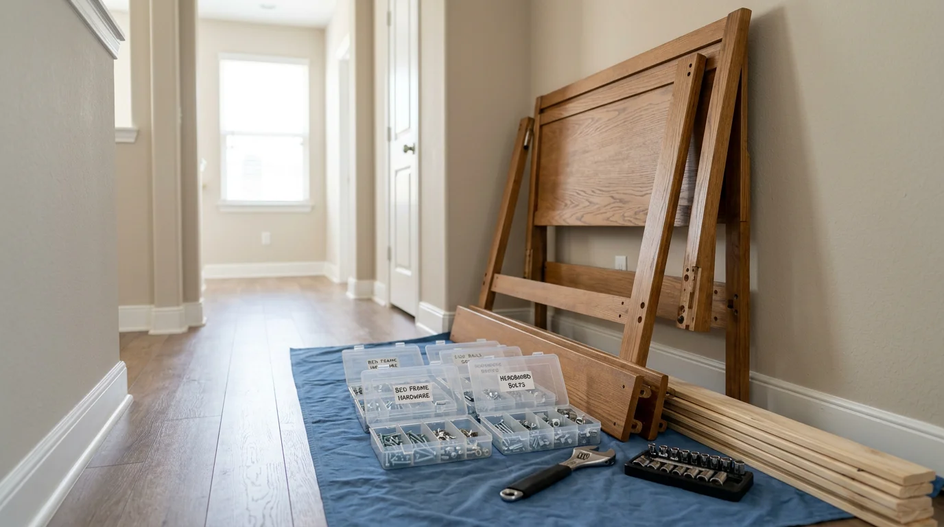 A moving crew carefully disassembling a large bed frame in an Irving, Texas home, with hardware organized on a nearby surface. The room shows a cleared floor and open doorway ready for the pieces to be moved out.