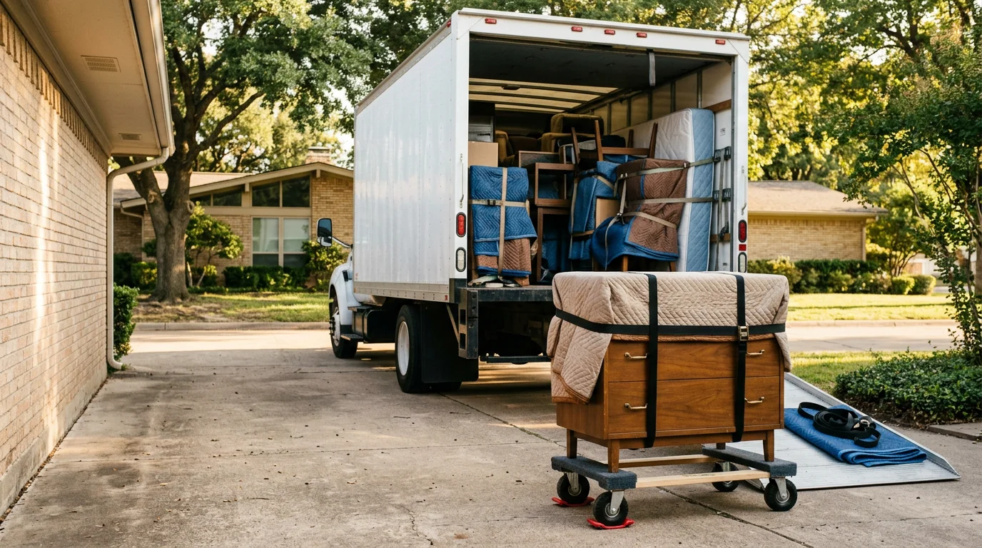 A two-person moving crew carefully carrying a wrapped dresser through the front doorway of a single-family home in Irving, Texas. Moving pads and straps are visible on the furniture.