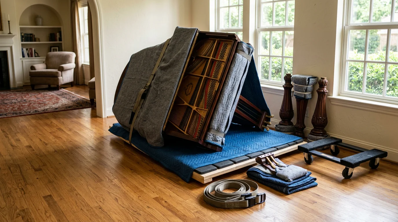 A grand piano with its legs removed being secured to a padded skid board inside an Irving, Texas home. Movers position the instrument carefully through a narrow hallway toward the front door.