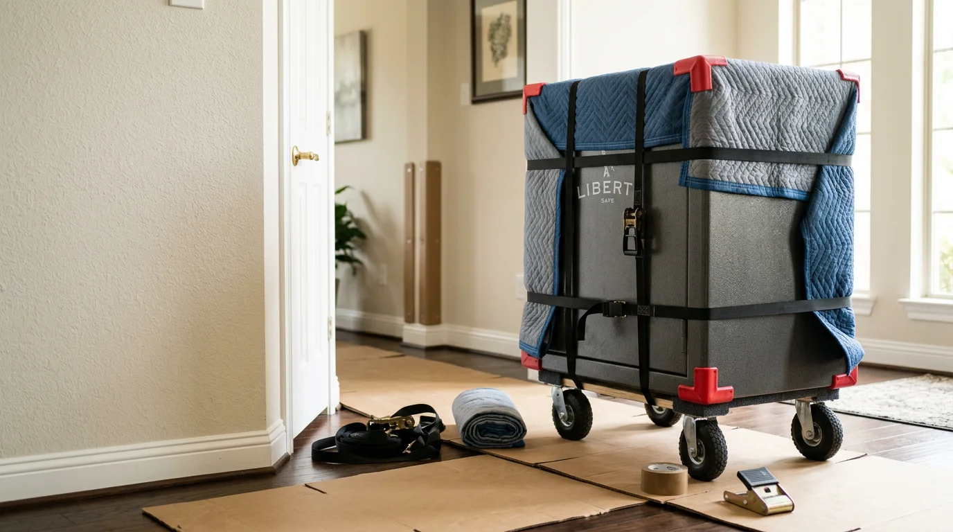 A heavy gun safe being carefully moved through a residential doorway in Irving, Texas using a heavy-duty dolly and moving blankets to protect the walls and floor.