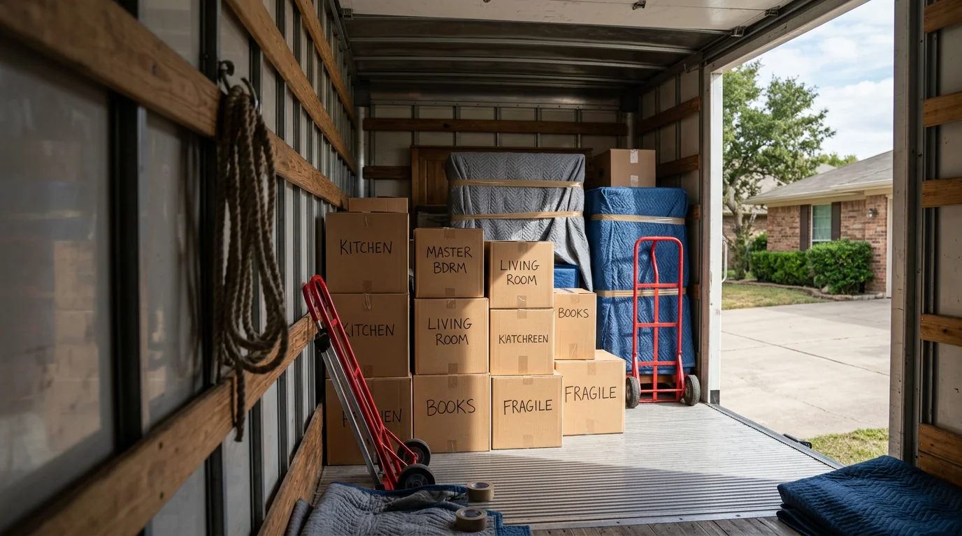 A moving crew loading furniture and boxes onto a truck outside a residential home in Irving, Texas. The Las Colinas area is visible in the background, reflecting the mix of apartment and single-family housing common across the city.