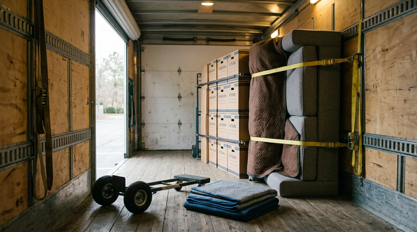 A moving crew loading household furniture and boxes onto a truck outside a residential home in Irving, Texas, preparing for an out-of-state relocation. The truck is positioned on a neighborhood street with the DFW skyline visible in the background.