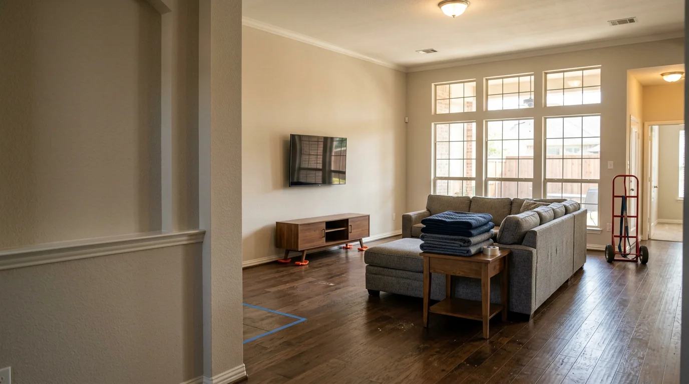 A moving crew carefully loading heavy furniture into a rental truck outside a residential home in Irving, Texas. The team works through a narrow doorway with protective equipment on the floor and walls.