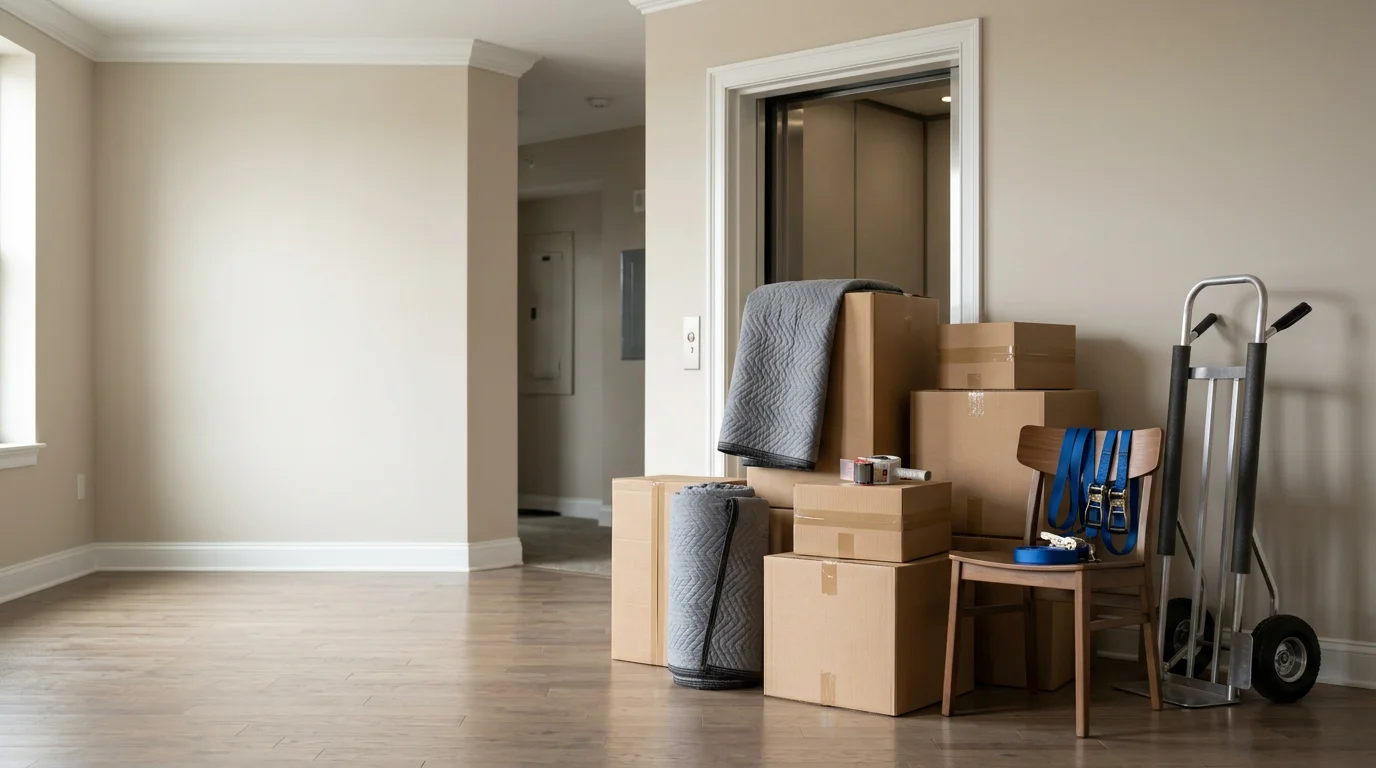 A moving crew carefully loading large furniture items into a rental truck outside a residential apartment complex in Irving, Texas. The team works in a tight parking area typical of multi-story buildings near Las Colinas.