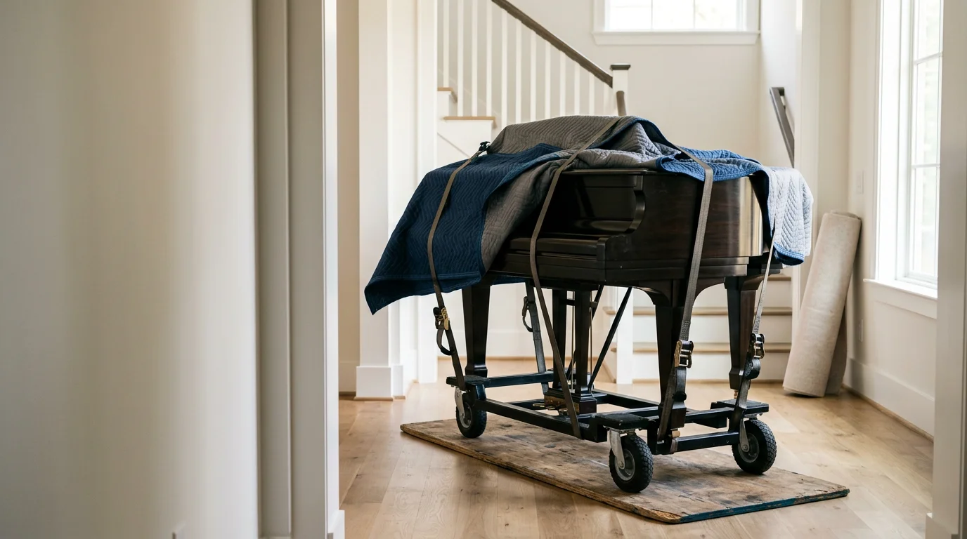 A large grand piano being carefully moved through the front doorway of a residential home in Irving, Texas, with protective padding wrapped around the body of the instrument. Movers use a piano skid and lifting straps to guide the piano safely across the hardwood floor.