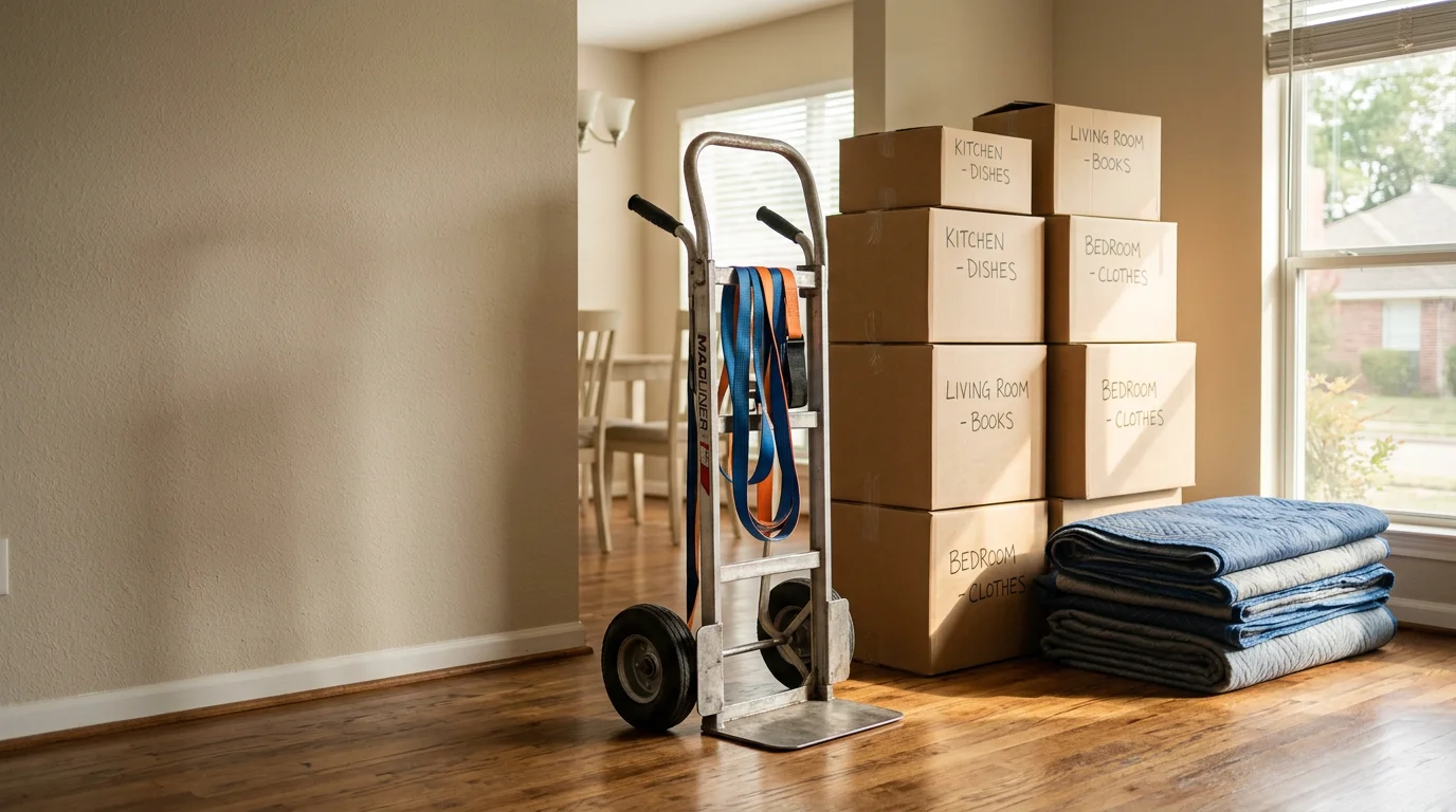A moving crew carefully loading furniture and boxes onto a truck outside a residential home in Irving, Texas. The neighborhood features established single-family homes typical of the Irving area.