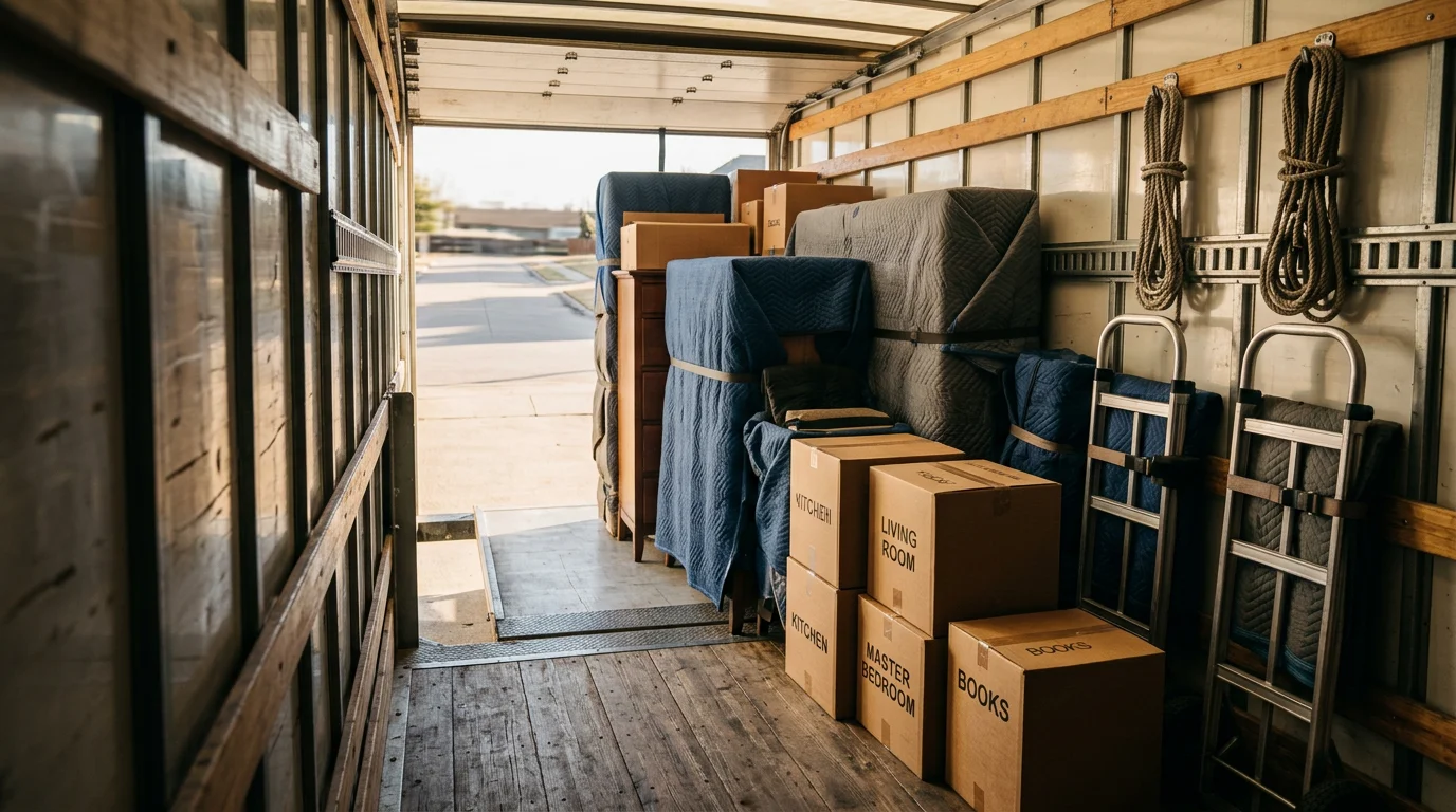 A moving crew loading furniture and boxes onto a truck outside a single-family home in Irving, Texas. The neighborhood features a tree-lined street typical of established Irving residential areas.