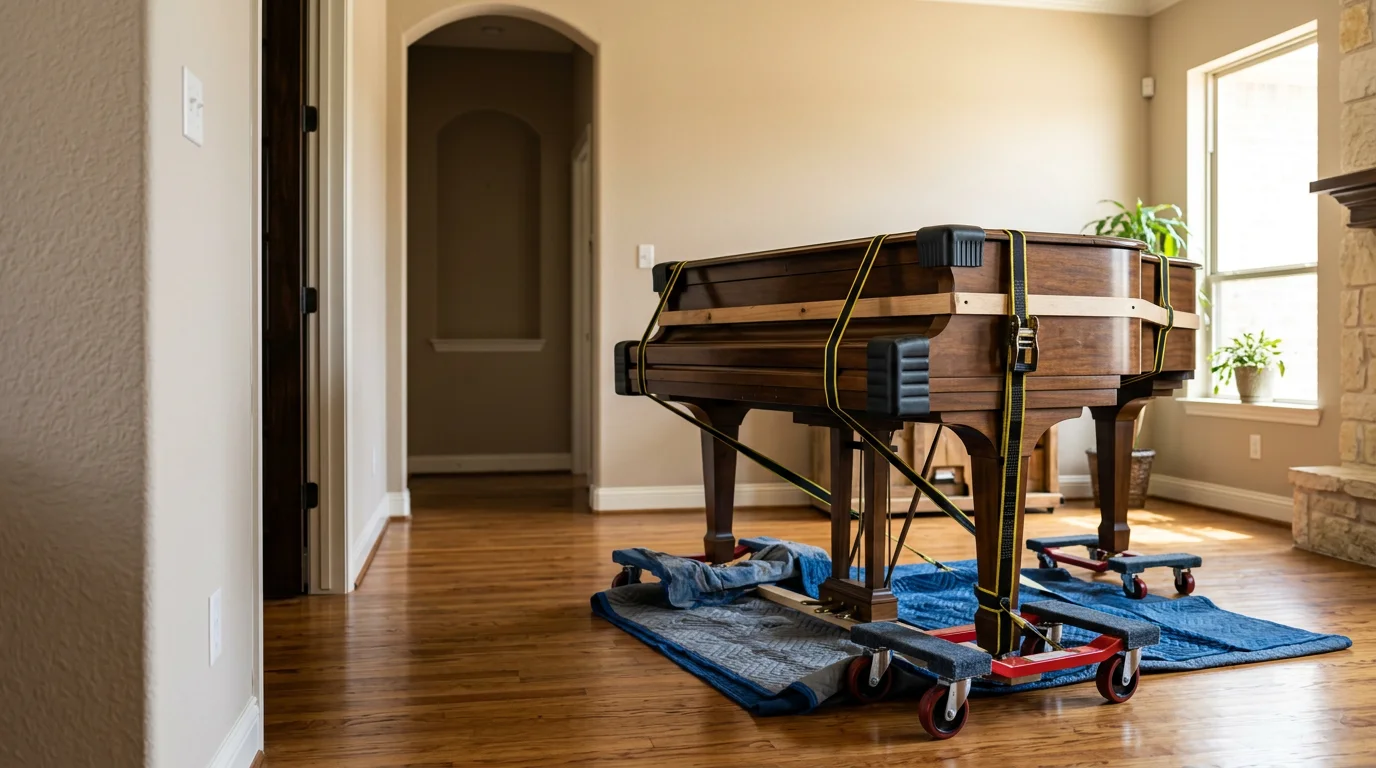A padded upright piano being carefully maneuvered through a narrow hallway in an Irving, Texas home by a professional moving team. The floor and doorframe are protected during the move.
