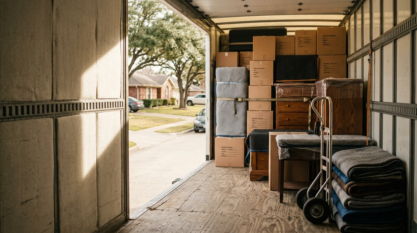 A moving truck loaded with household furniture and boxes on a residential street in Irving, Texas, prepared for a long distance move. Crew members secure items in the truck bed near a suburban home.