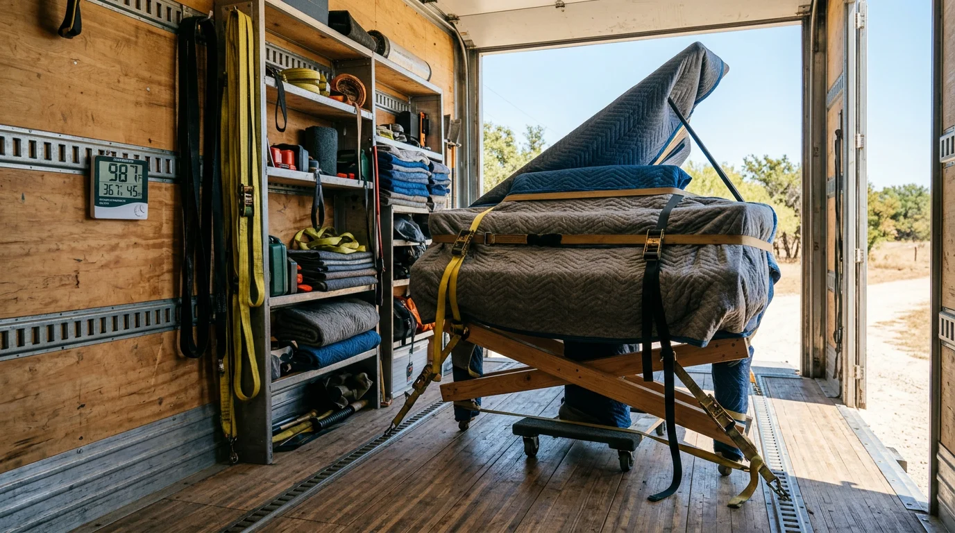 A wrapped and secured upright piano being carefully loaded onto a moving truck outside a home in Irving, Texas. The movers use padding and a piano dolly to protect the instrument and the home's flooring during a long distance move.