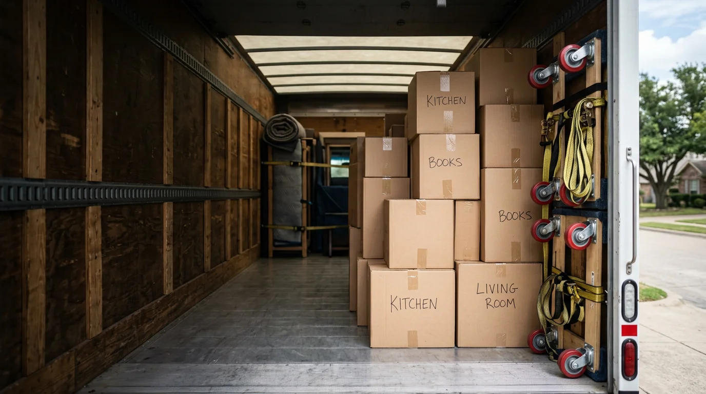 A moving crew loading furniture and boxes onto a truck in a residential neighborhood in Irving, Texas. Homes and tree-lined streets are visible in the background.