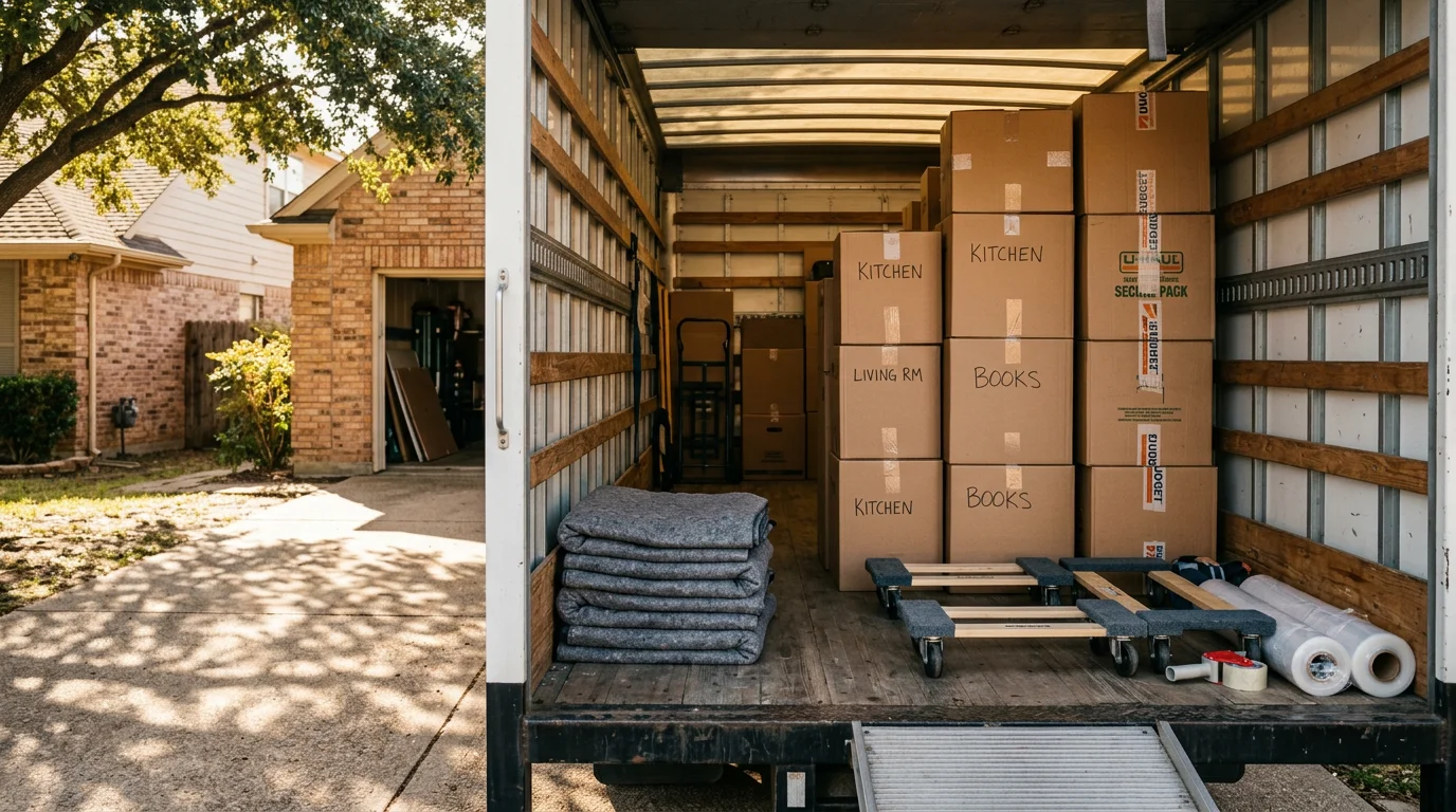 A moving crew carefully loading packed boxes and furniture onto a truck outside a residential home in Irving, Texas. The neighborhood features a mix of single-family homes typical of the DFW area.