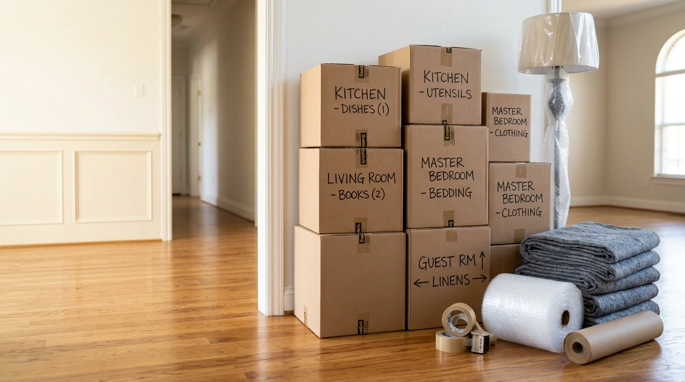 A Movers In Town LLC crew member carefully wrapping and boxing household items in a living room in Irving, Texas. Labeled moving boxes are stacked and organized near the front door, ready for loading.