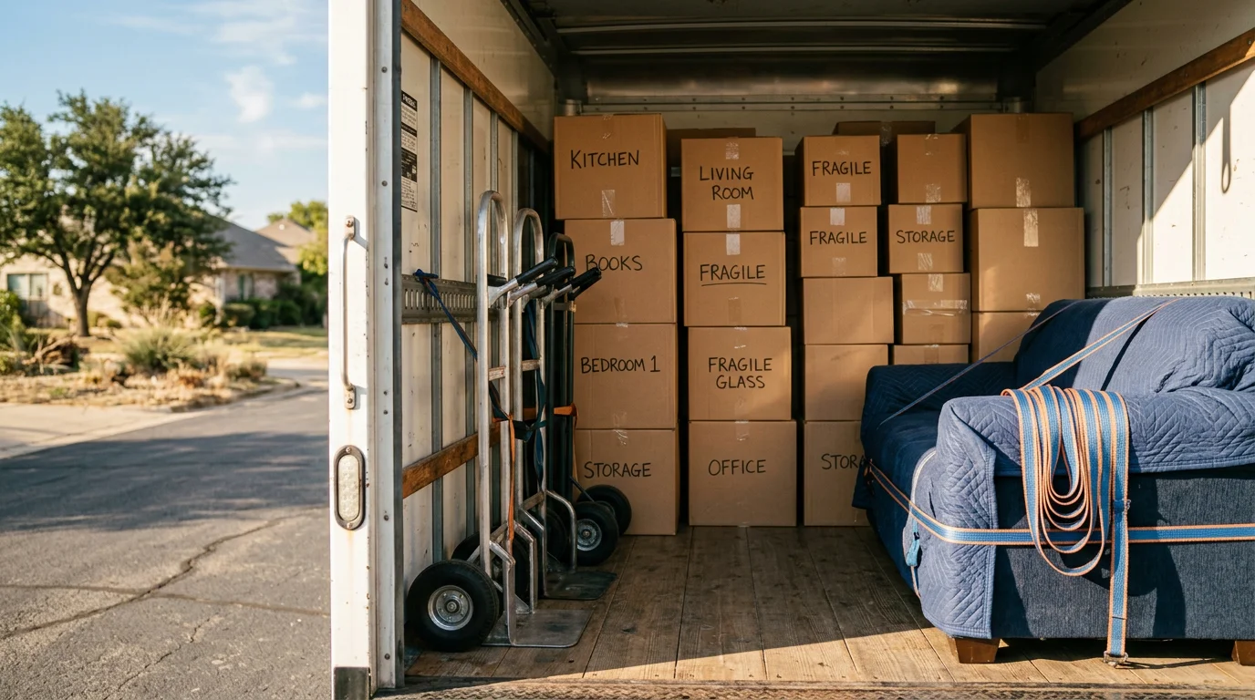 A moving crew loading boxed household items and wrapped furniture onto a truck outside a residential home in Irving, Texas, preparing for a national relocation.