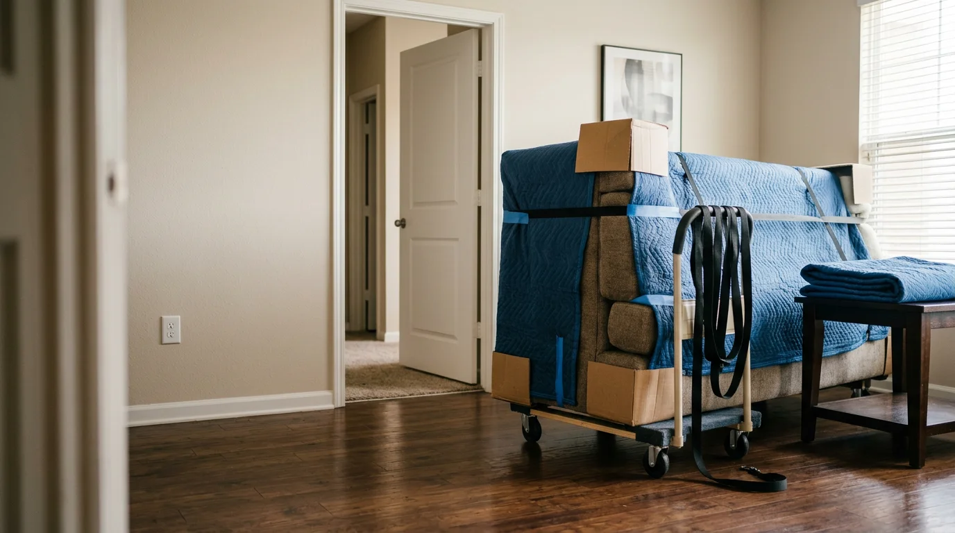 A Movers In Town LLC crew member carefully loading a wrapped sofa onto a moving truck outside an Irving, Texas apartment building. The item is secured with protective padding before transport to a nearby DFW city.
