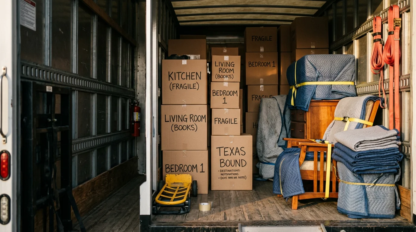A moving truck being loaded with household furniture and boxes outside a residential home in Irving, Texas, prepared for an out of state move. Crew members carefully carry wrapped items toward the truck on a sunny DFW afternoon.