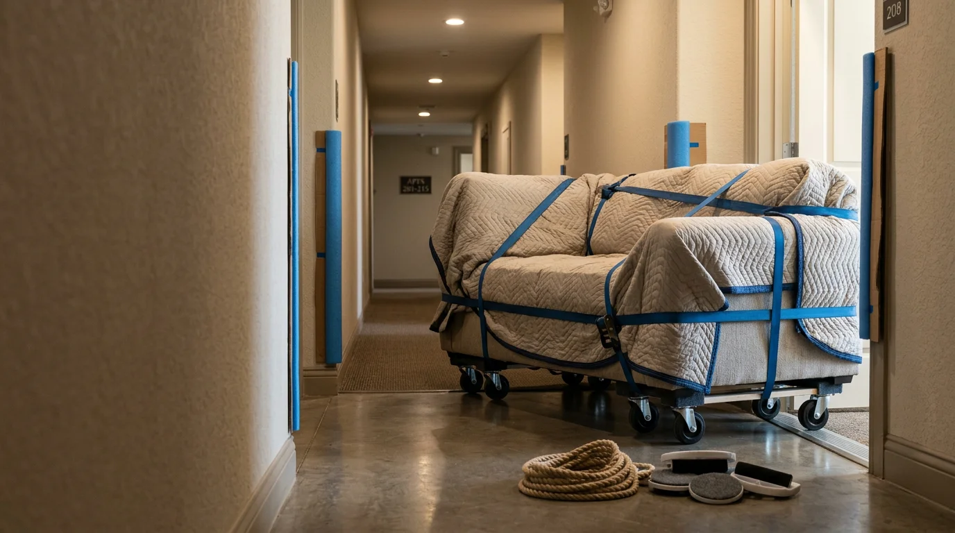A two-person moving crew carefully maneuvering a large sectional sofa through a narrow apartment hallway in Irving, Texas. The walls and floor are protected with moving blankets and floor runners during the oversized item move.
