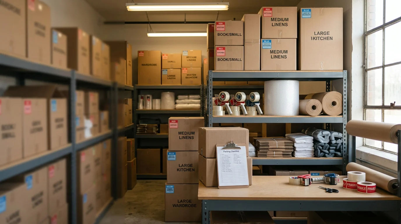 A Movers In Town LLC team member carefully packing labeled cardboard boxes in a living room in Irving, Texas. Stacked boxes are organized by room and ready for loading onto a moving truck.