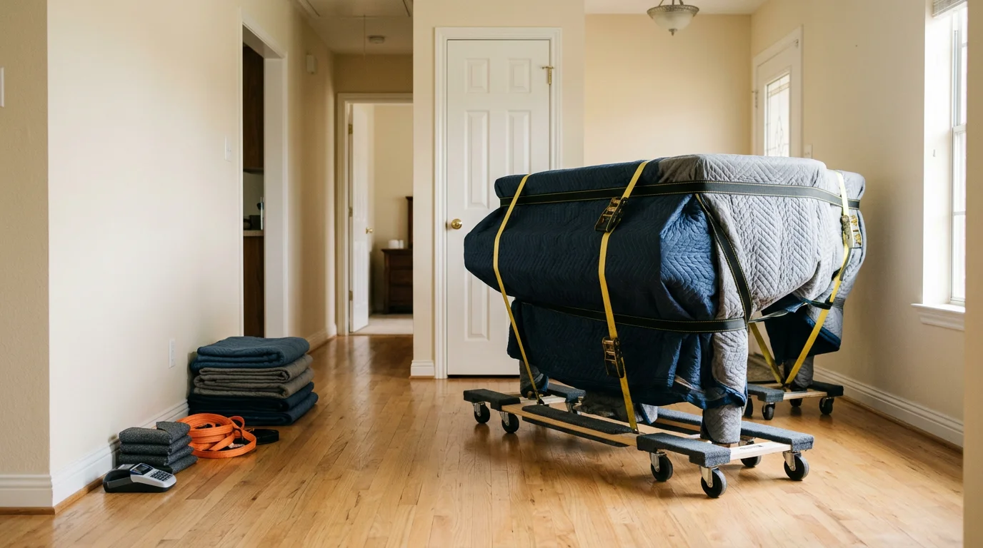 A padded and strapped upright piano being carefully moved through a doorway in an Irving, Texas home by a two-person moving team. The floors and door frame are protected during the move.