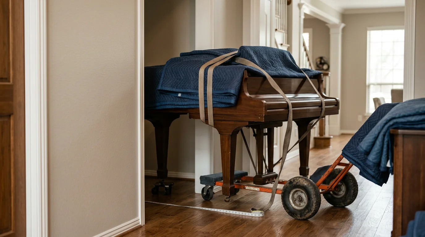 A padded upright piano being carefully maneuvered through a doorway inside a home in Irving, Texas. Movers In Town LLC crew members guide the instrument on a dolly with protective blankets secured around the body.