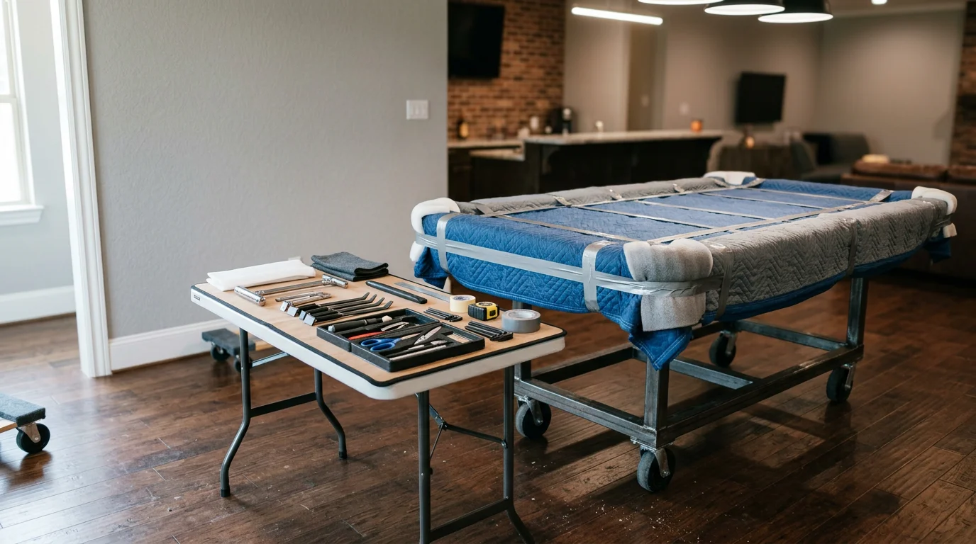 A pool table fully reassembled and leveled inside a residential game room in Irving, Texas. Moving blankets and labeled hardware bags are visible nearby after a professional disassembly and reassembly move.