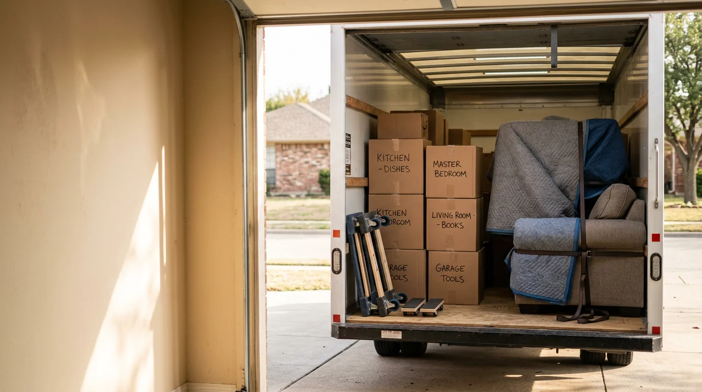 A moving crew carefully loading household furniture and boxes onto a truck outside a single-family home in Irving, Texas. The residential street and home exterior are visible in the background.