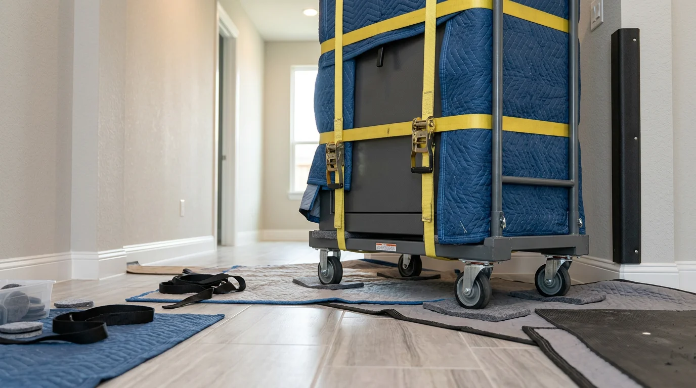A heavy gun safe being carefully moved through the interior of a residential home in Irving, Texas, with floor protection laid across a tiled hallway. Two movers use a heavy-duty dolly to guide the safe toward its destination room.