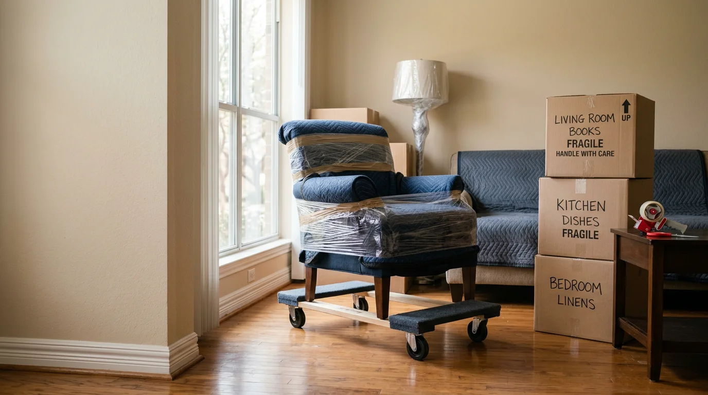 A Movers In Town LLC crew member carefully carrying a senior's furniture into a residential community in Irving, Texas. Moving boxes and personal belongings are staged neatly outside the unit entrance during a senior assisted move.