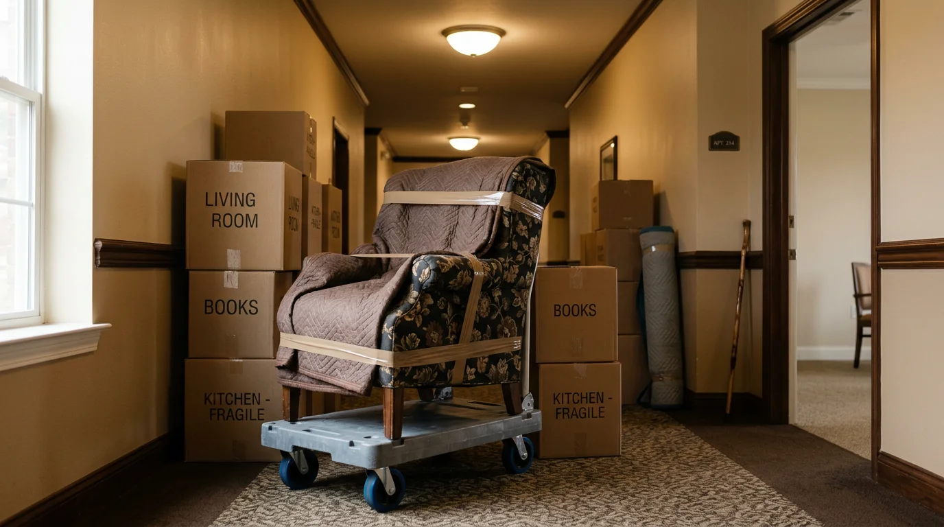 A senior moving crew carefully loading neatly wrapped furniture and labeled boxes onto a moving truck outside a residential home in Irving, Texas. The scene shows an organized, calm move in progress on a quiet suburban street.