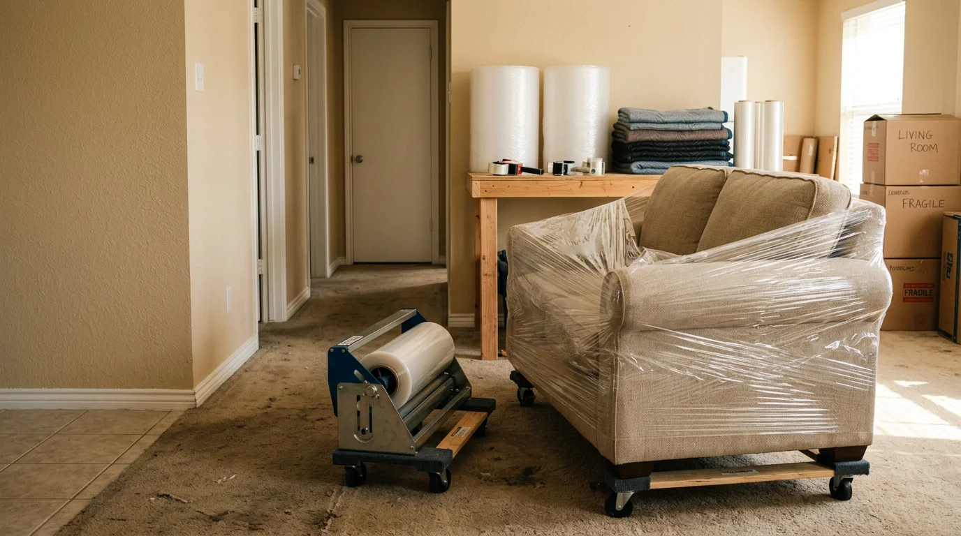 A mover wrapping a gray upholstered sofa in clear stretch wrap inside an Irving, Texas home before loading it onto a moving truck. Moving pads are visible beneath the wrap, securing the fabric surface for transit.