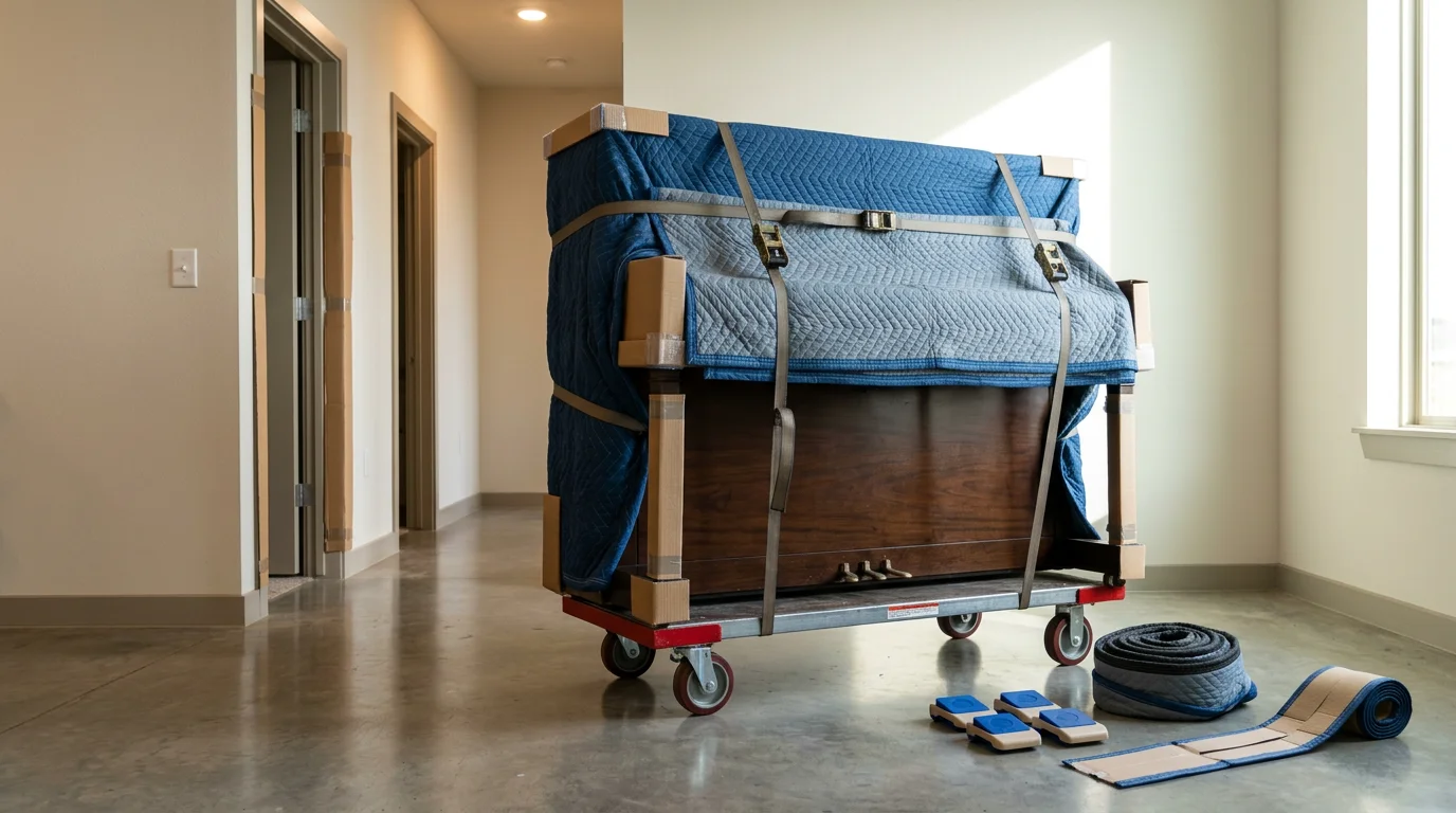 A console upright piano secured with moving pads and straps on a dolly inside a residential home in Irving, Texas. A narrow hallway with protected baseboards and floor covering is visible in the background.