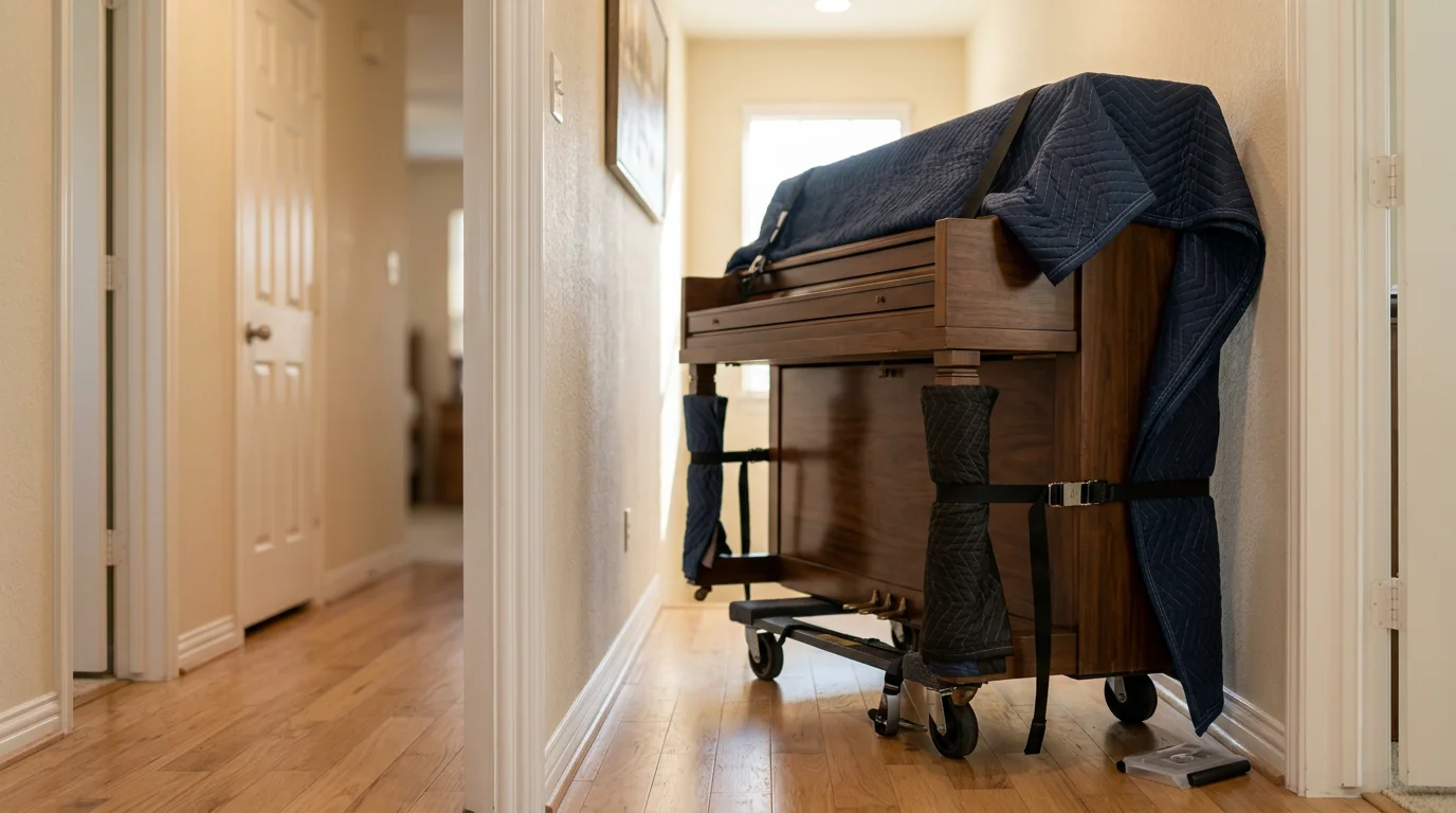 A spinet piano secured upright in a moving truck outside an Irving, Texas home, wrapped in protective moving pads with straps holding it against the truck wall. A residential neighborhood street is visible through the open truck doors.