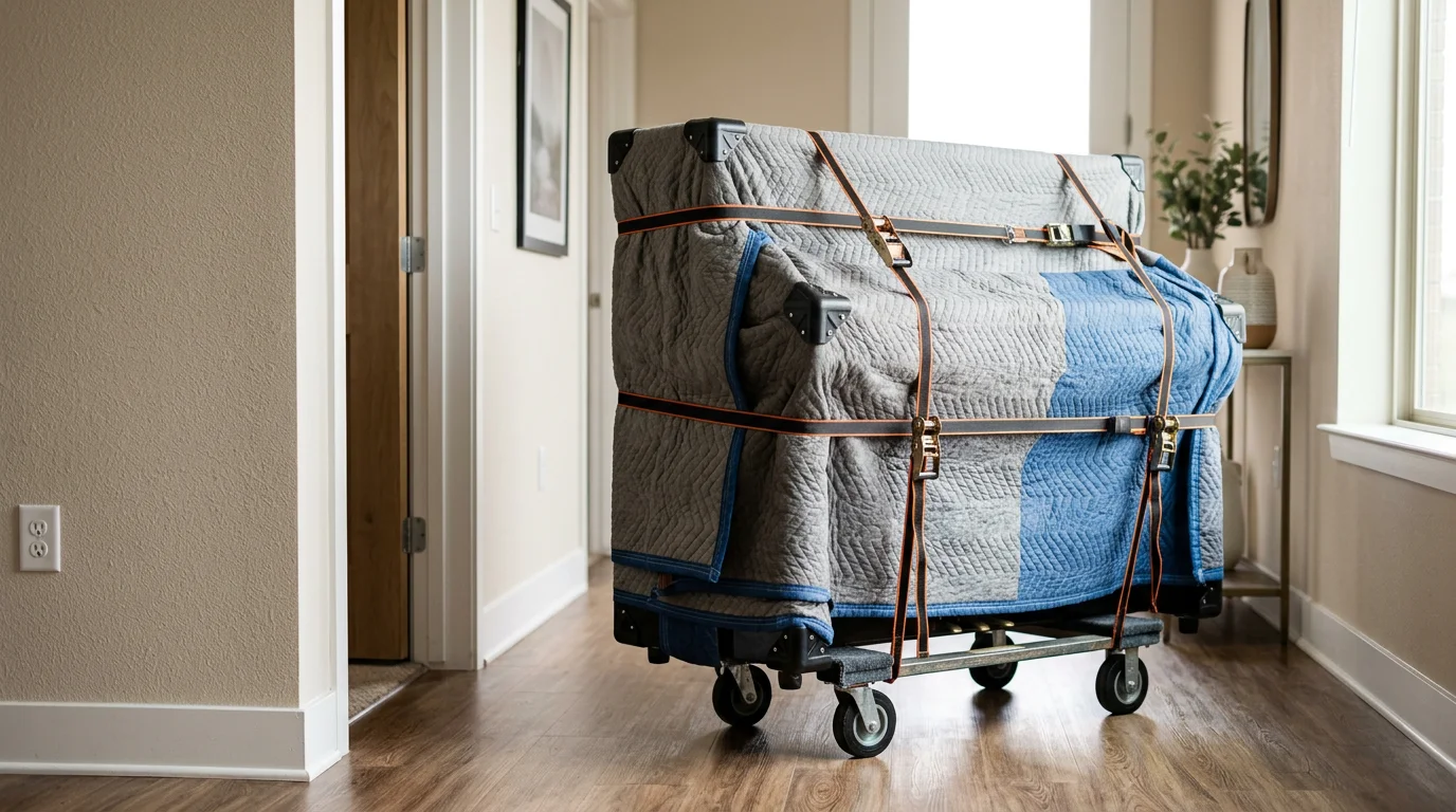 A studio upright piano being carefully moved through a doorway in an Irving, Texas home by the Movers In Town LLC team. Protective padding covers the piano's cabinet and side rails guard the doorframe during the move.