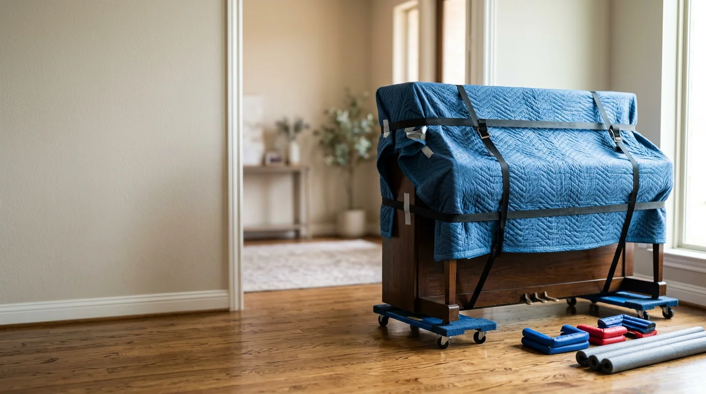 An upright piano being carefully moved through the front entryway of a residential home in Irving, Texas, with protective padding on the door frame and movers guiding the instrument in the upright position.