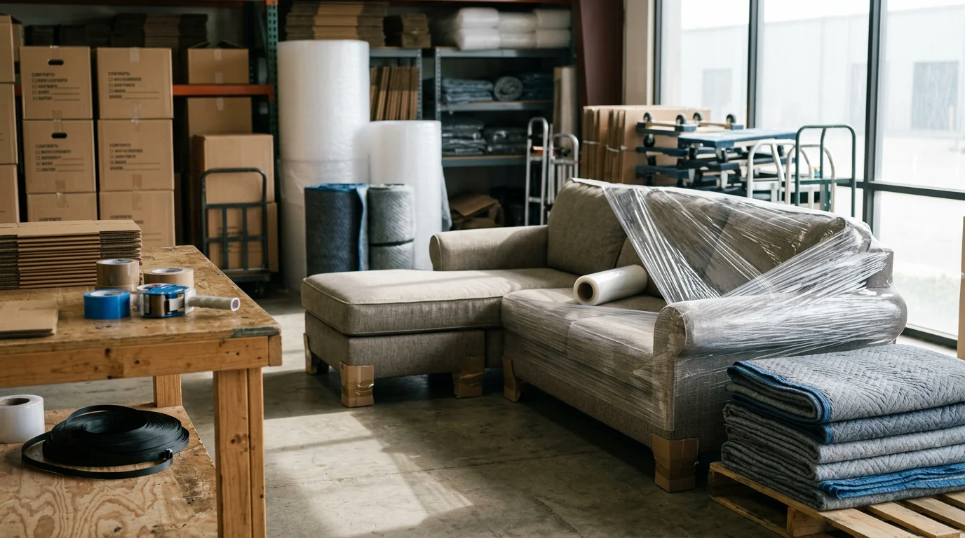 A Movers In Town LLC crew member wrapping a wooden dresser in padded moving blankets inside an Irving, Texas home before loading. The dresser corners are fully covered and stretch wrap is being applied to hold the padding in place.